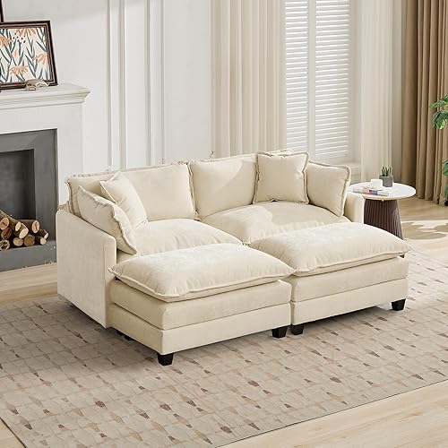 Miniatura 122 de Sofá seccional modular beige de 111.5", sofás seccionales grandes de 3 plazas para sala de estar, tela de chenilla marfil blanquecino, sofá nube de