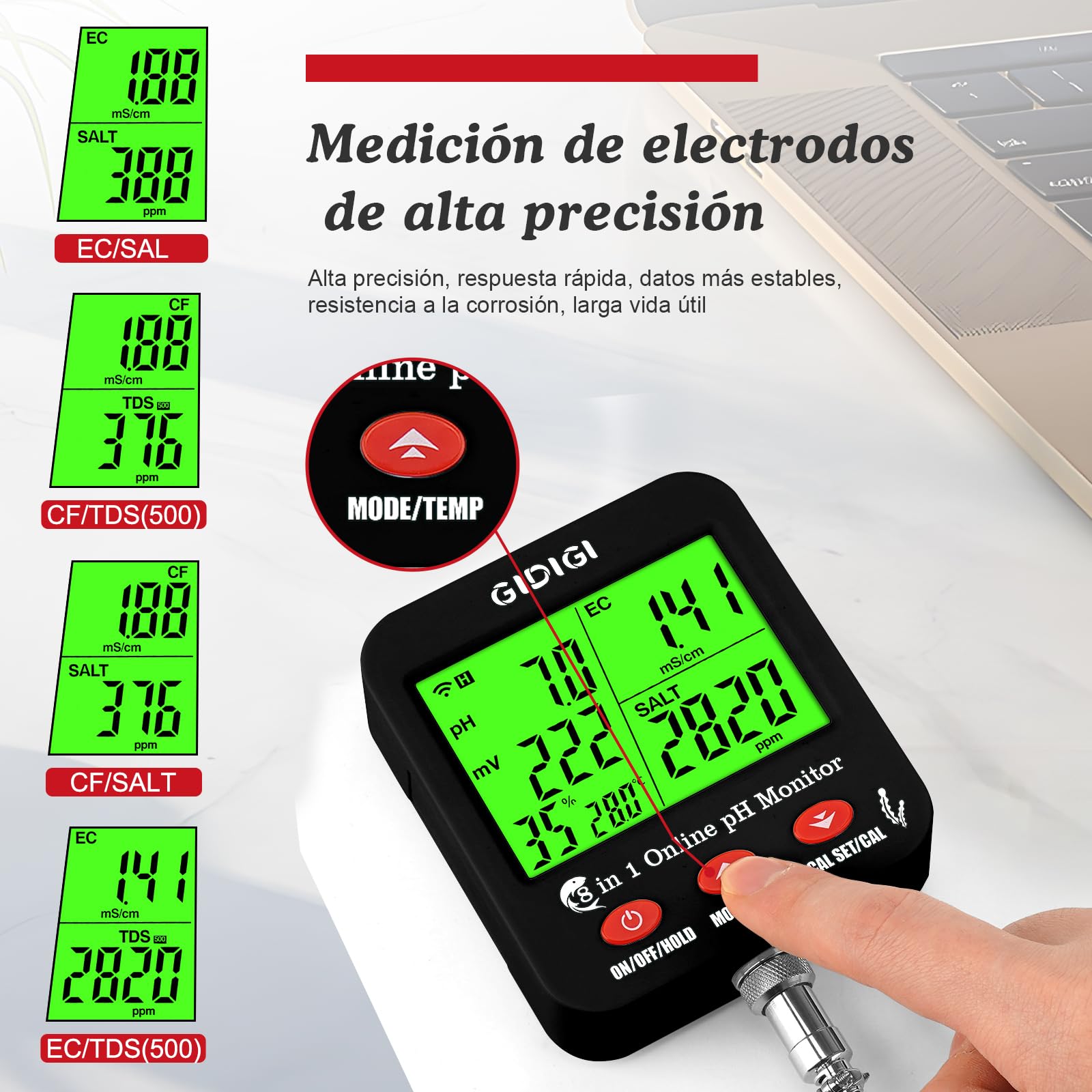 Medidor pH Acuario inteligente, Continuo pH Hidroponia Monitor, La Pantalla Grande Puede Mostrar Múltiples Parámetros Simultáneamente, 8 en 1 pH EC PPM ORP Sal y Humedad para Acuario,Hidroponia