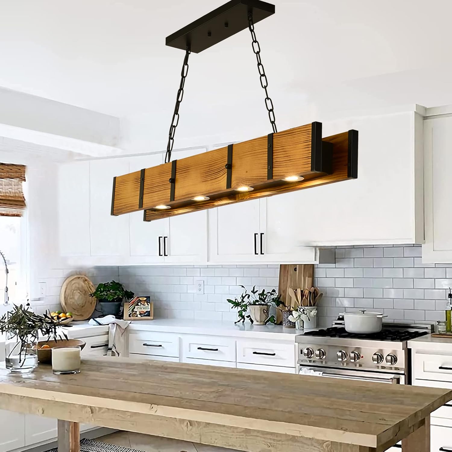 Rustic Wood Chandeliers Farmhouse Hanging Light with LED 3 Color Dimming Spotlight, Pendant Lights Kitchen Island Rectangle Farmhouse Linear Chandeliers for Dining Room