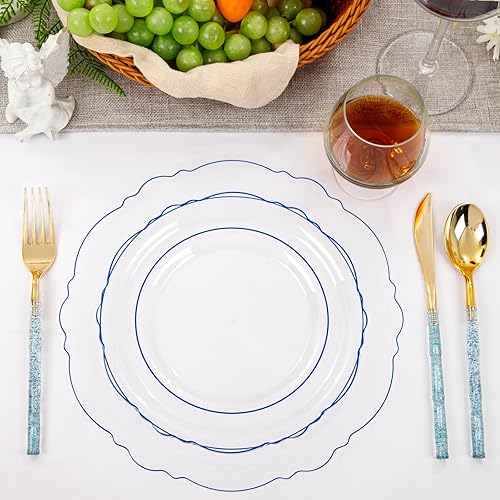 Vista 35 de Liacere 150 platos de plástico azul – cubiertos de plástico dorado con mango azul – Los platos desechables azul marino incluyen 30 platos