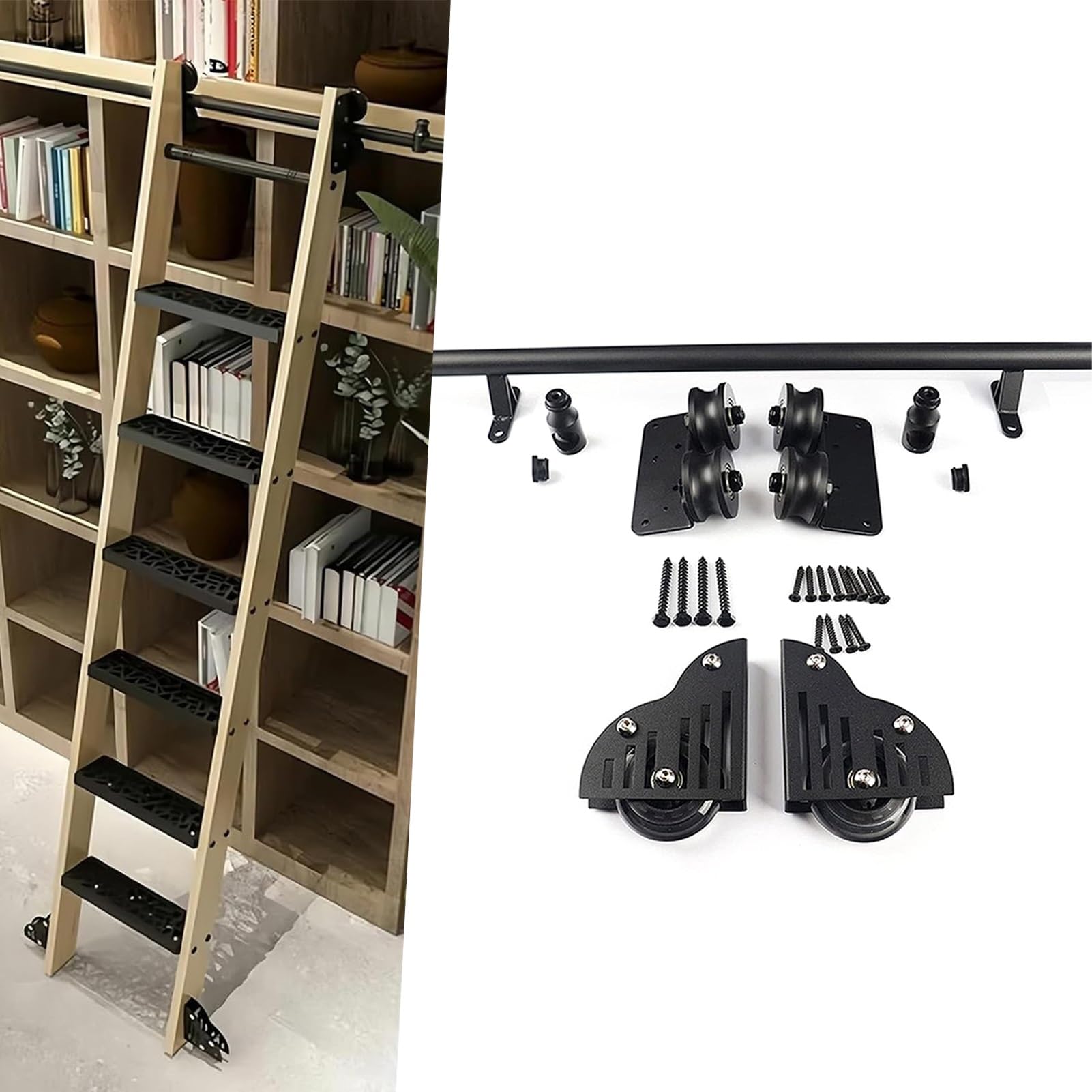 DONGGANSHI Sliding Library Ladder Hardware Kit 100CM-732CM Rolling Ladder Track Full Set Hardware(No Ladders),Floor Roller with Brake,Black Slide Rails(19.7ft/600cm Track kit)