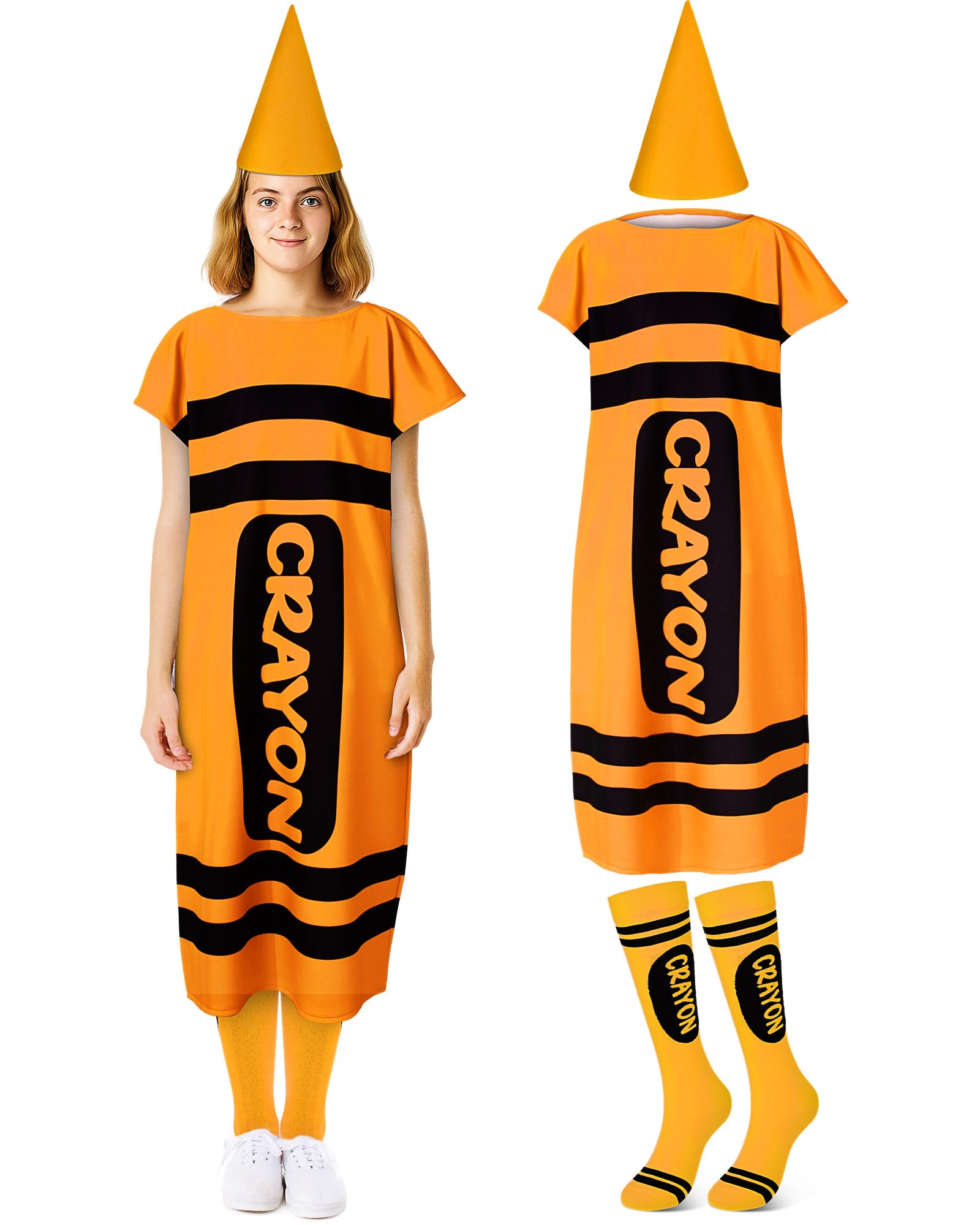 Mepase 4 Pcs Halloween Crayon Costume for Adults, Halloween Crayon Fancy Dress Cone Dwarf Cap Stockings for Cosplay(Orange,Large)