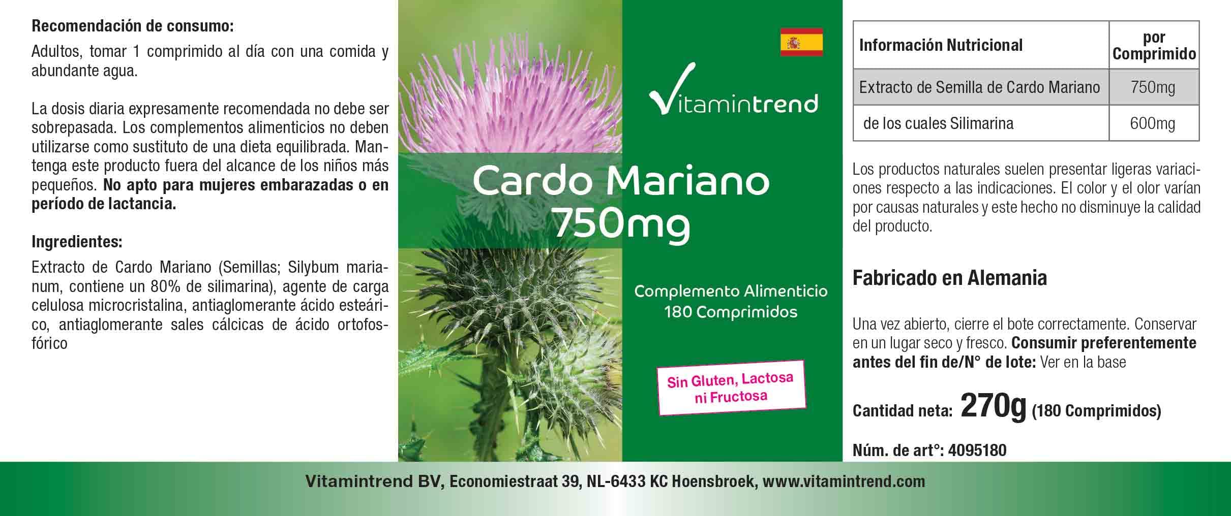Vitamintrend Extrait de chardon-marie 750 mg, 180 comprimés, hautement dosé, complément alimentaire végan sans stéarate de magnésium, fabriqué en Allemagne