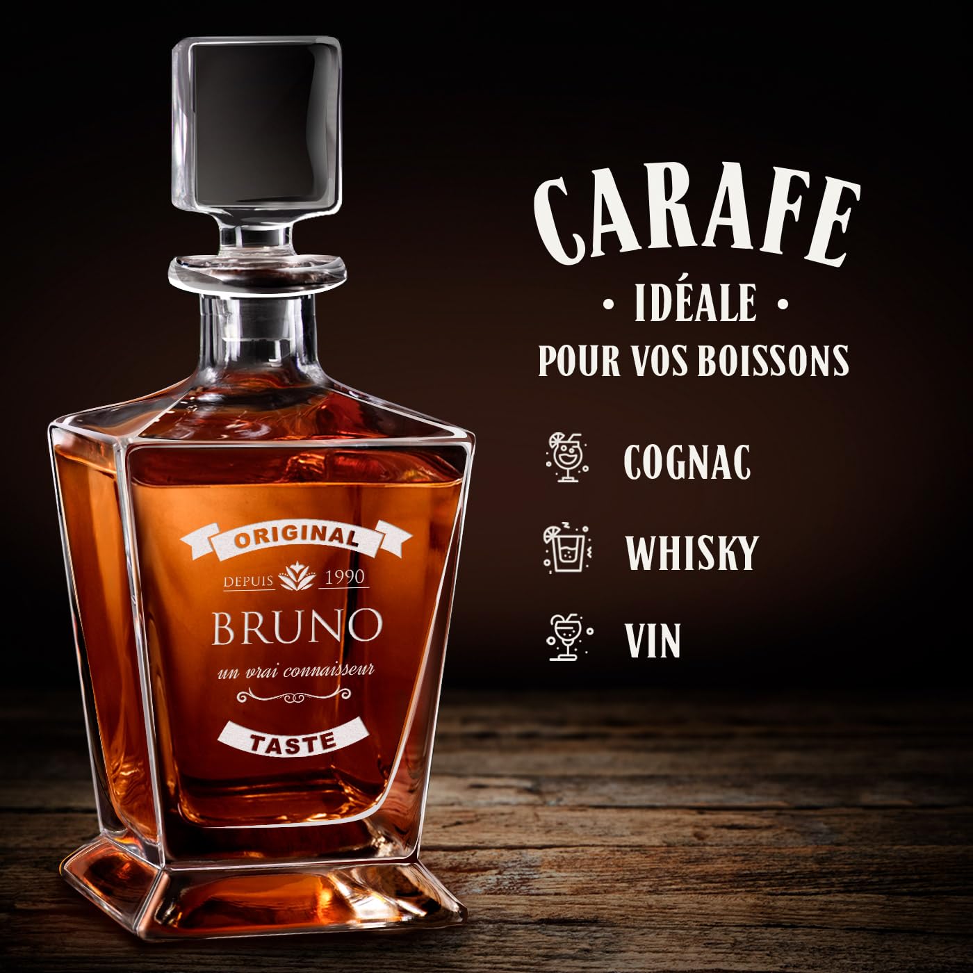 Maverton Carafe à whisky pour homme - 0,8l Décanteur gravé - Avec motif décoratif - Carafe en verre pour connaisseur - avec personnalisation - pour anniversaire - pour lui - original
