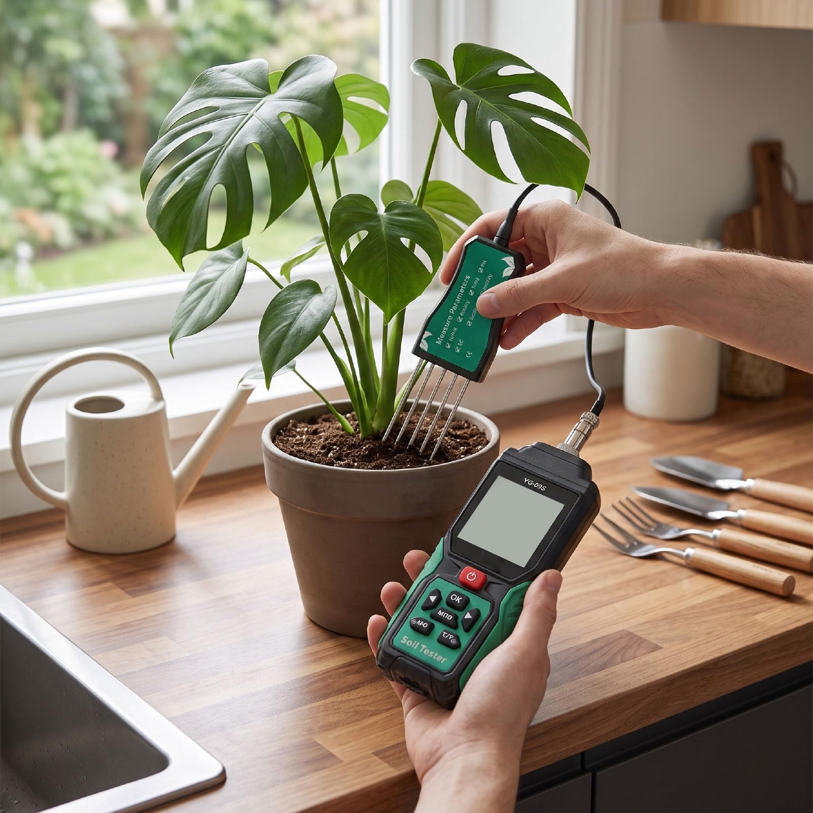 Medidor de Suelo 9 en 1, Analizador NPK PH EC Salinidad con | Carcasa ABS, Uso en Jardín y Granja, Sonda Doble, Batería Recargable 500mAh