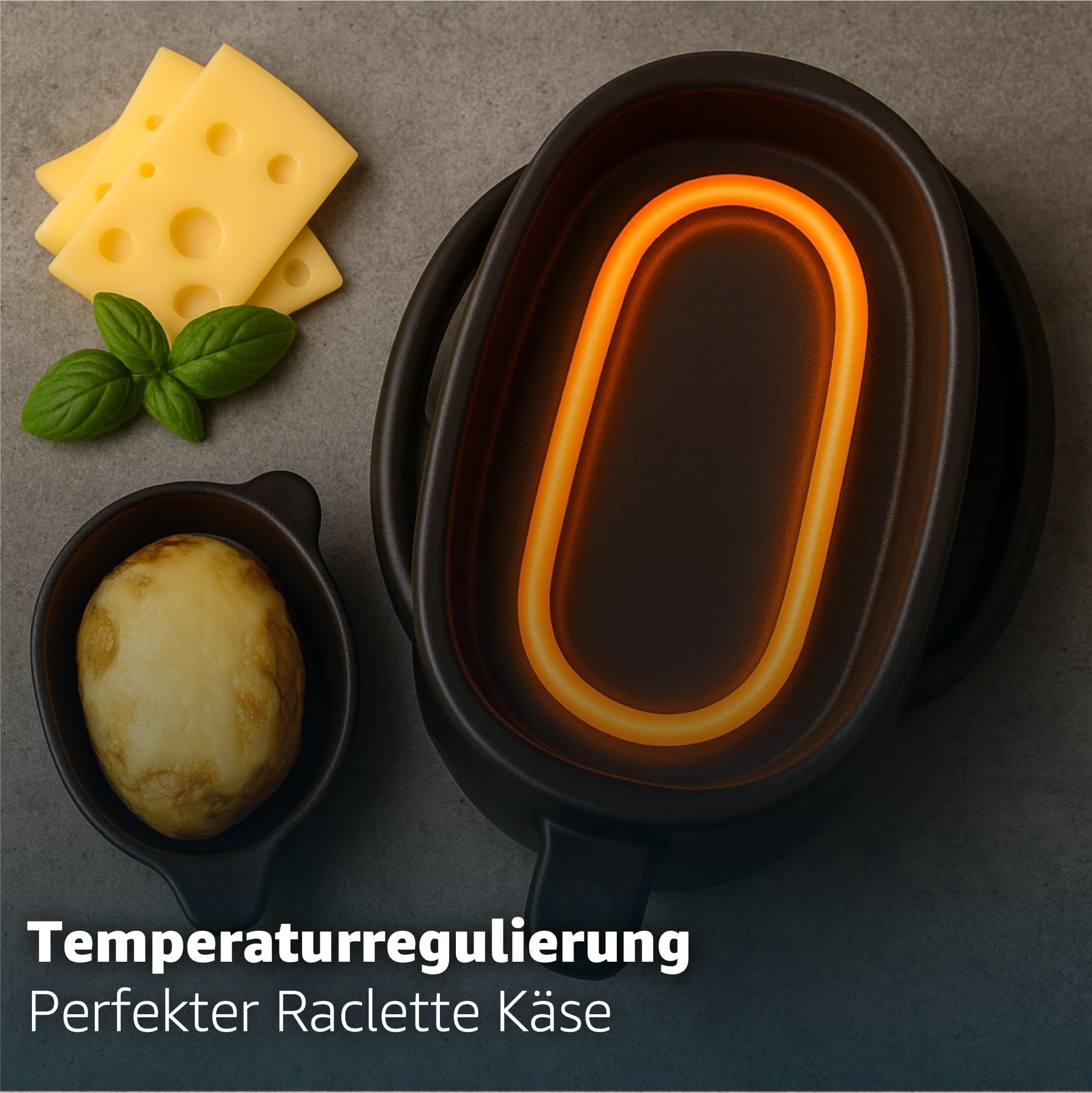 Raclette zestaw dla 8 osób – z grillem stołowym, płytą grillową i funkcją kamiennej płyty – w zestawie patelnia i skrobak – narożny (Okrągły)