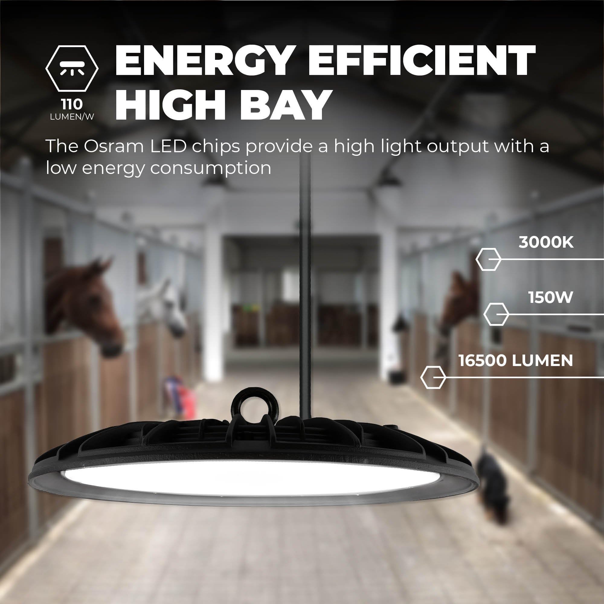 Ledvion Energooszczędny czujnik LED High Bay, 150 W, 110 lm/W, 22 000 lumenów, 3000 K, IP65, możliwość ściemniania, profesjonalna lampa UFO