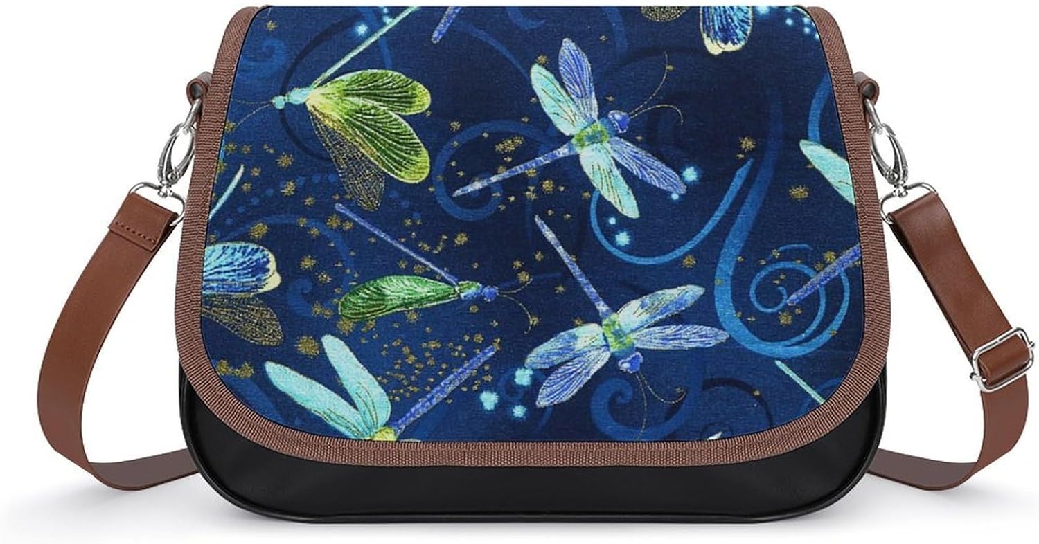 Blue Watercolor DragonfliesWomen's Faux Leather Crossbody Bag, Waterproof Wrinkle-Resistant Shoulder Bag with Detachable Strap, Large Capacity Casual Handbag, Fashion Daily Purse for Shopping Work Dat