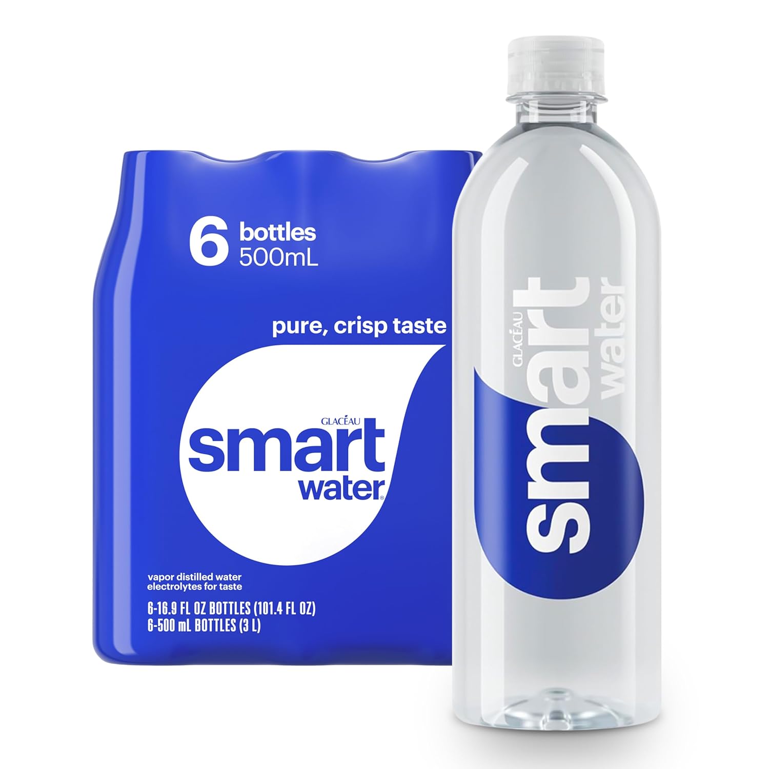 Smartwater Vapor Distilled Premium Water, 16.9 Fl Oz, Pack of 6