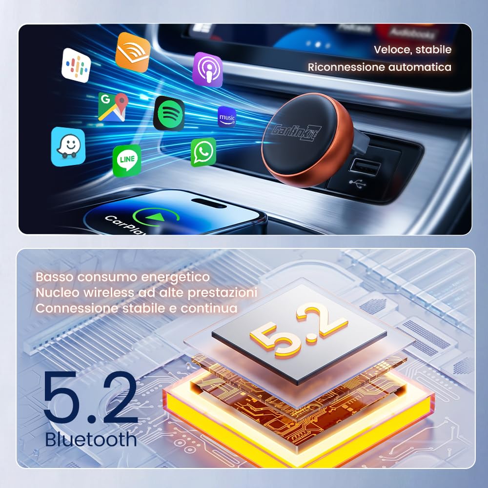 Carlinkit Mini Ultra 3 Adattatore Wireless CarPlay e Android Auto, Converte OEM Cablato in Wireless, Plug & Play USB A/C, Connessione Automatica, Aggiornamento OTA, Arancione
