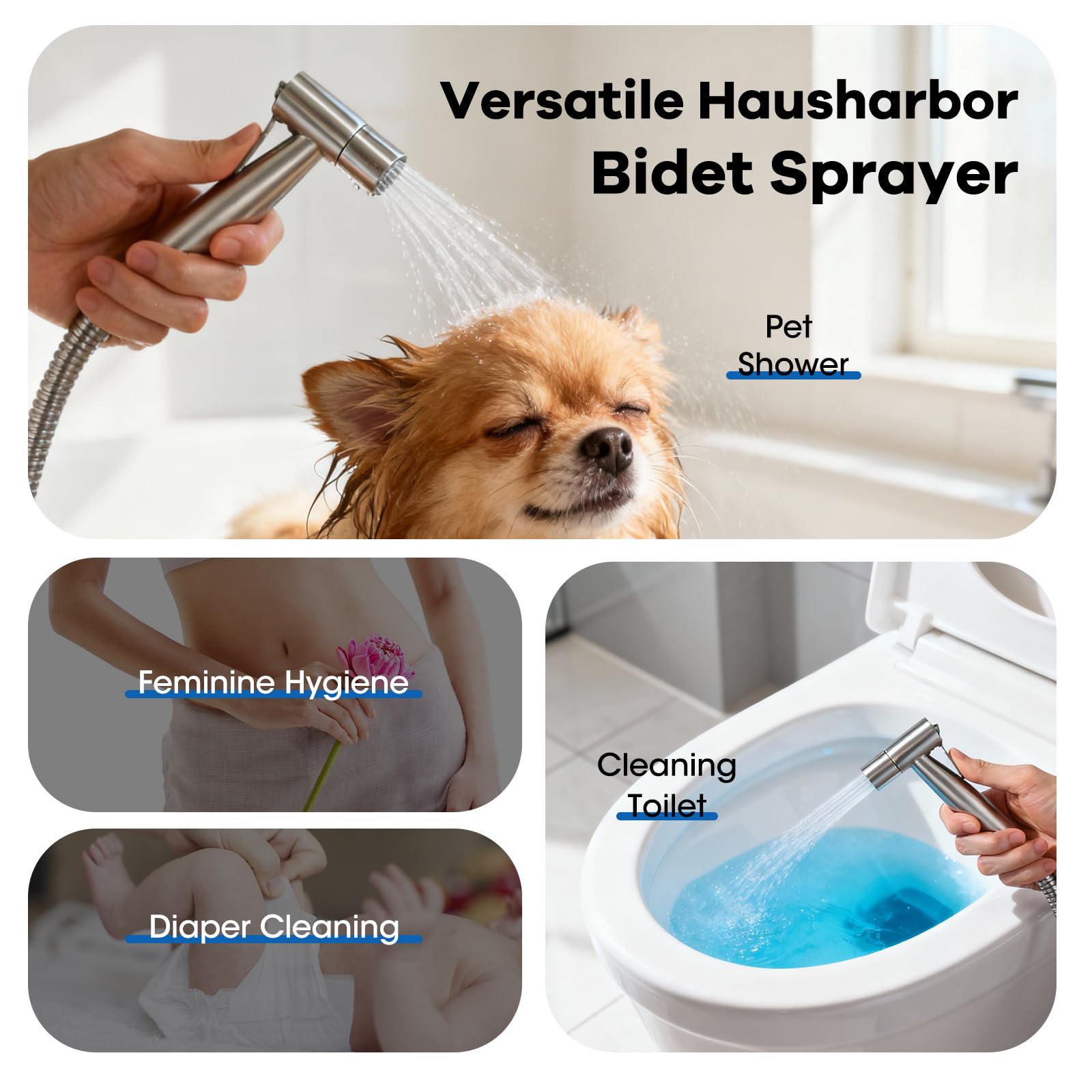 Natrysk Higieniczny (Bidet) ze Stali Nierdzewnej Szczotkowanej, Zestaw z Wężem i Zaworem G1/2” + G3/8” - do Toalety, Podmywania i Czyszczenia