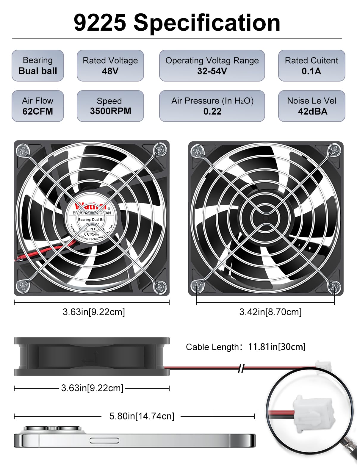 Wathai 2 ventiladores de refrigeración sin escobillas 9225 de 48 V y 92 mm de CC, 2 pines, 92 x 92 x 25 mm, doble bola, alto flujo de aire para estaciones base de telecomunicaciones, mini PC