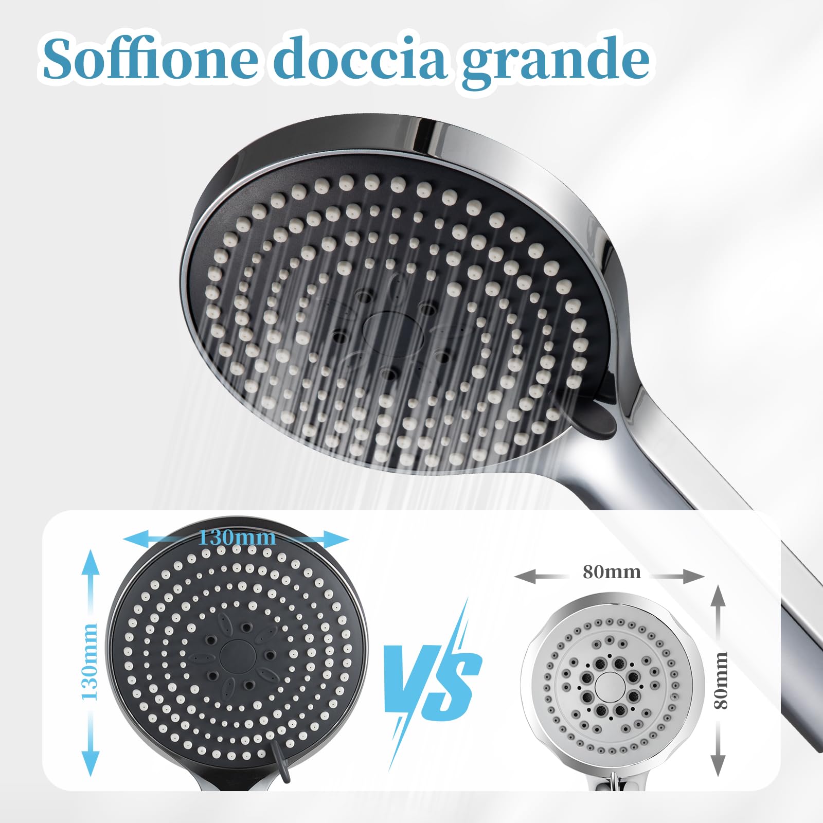 OFFO Soffione Doccia, Doccino per Doccia con 6 Modalità di Getto, Soffione Doccia Grande per Il Risparmio Idrico, Doccetta per Il Bagno,Cromo
