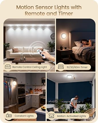 Rechargeable Motion Sensor Ceiling Light with Remote, Wireless Ceiling Light Battery Operated, No Wiring, Magnetic, Dimmable Shower Light, Timer, 3 Color 6000K, Rechargeable Light for Closet Hallway