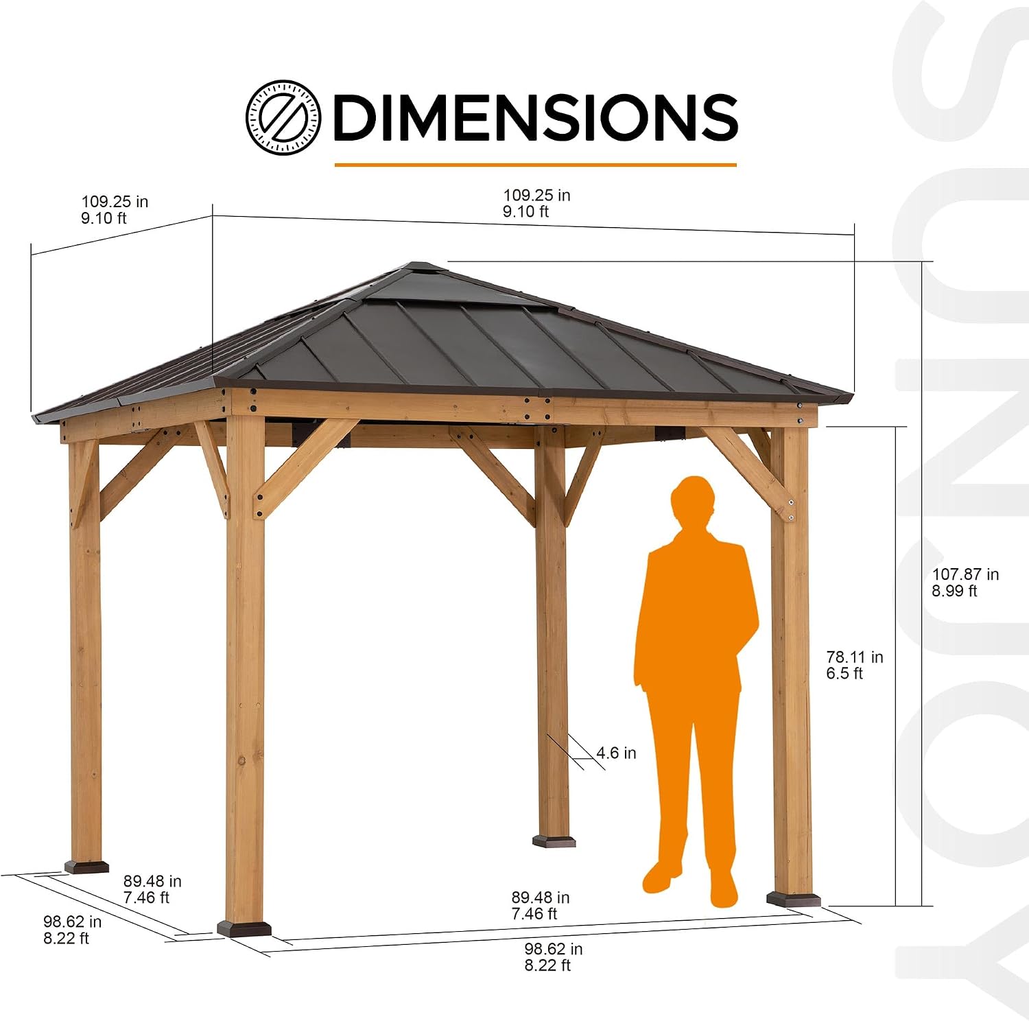 Sunjoy Hardtop Gazebo 9 x 9 ft. Cedar Framed Wood Gazebo with Brown Steel & Polycarbonate Pyramid Hip Roof and Ceiling Hook for Garden, Backyard Shade, Brown Roof + Natural Wood Frame