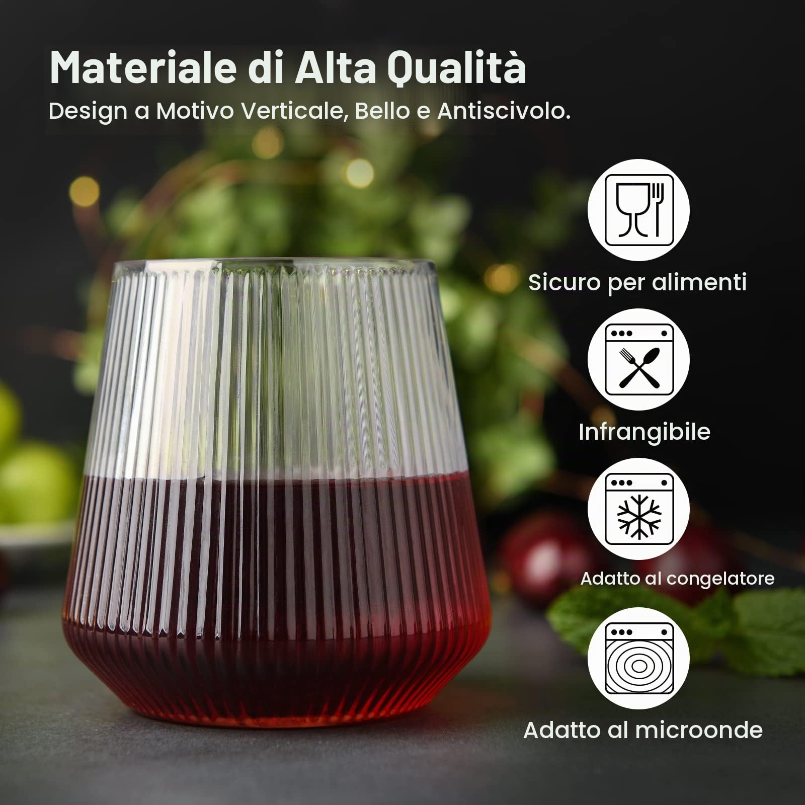 hotder Bicchiere da vino in plastica Tritan 355ml, tazza acqua, tazza succo Set 4 pezzi, lavabile in lavastoviglie, molto adatto per famiglie, campeggio, raduni, design verticale senza bisfeno