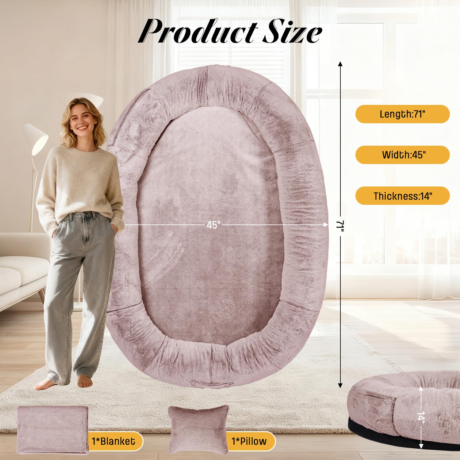 FURRYFECTION Cama para Perros para Personas, 180x114x35,6cm, Cama Grande para Perros de tamaño Humano para Adultos y Mascotas, Funda de Piel sintética Lavable, Cama Gigante para Siesta con Manta