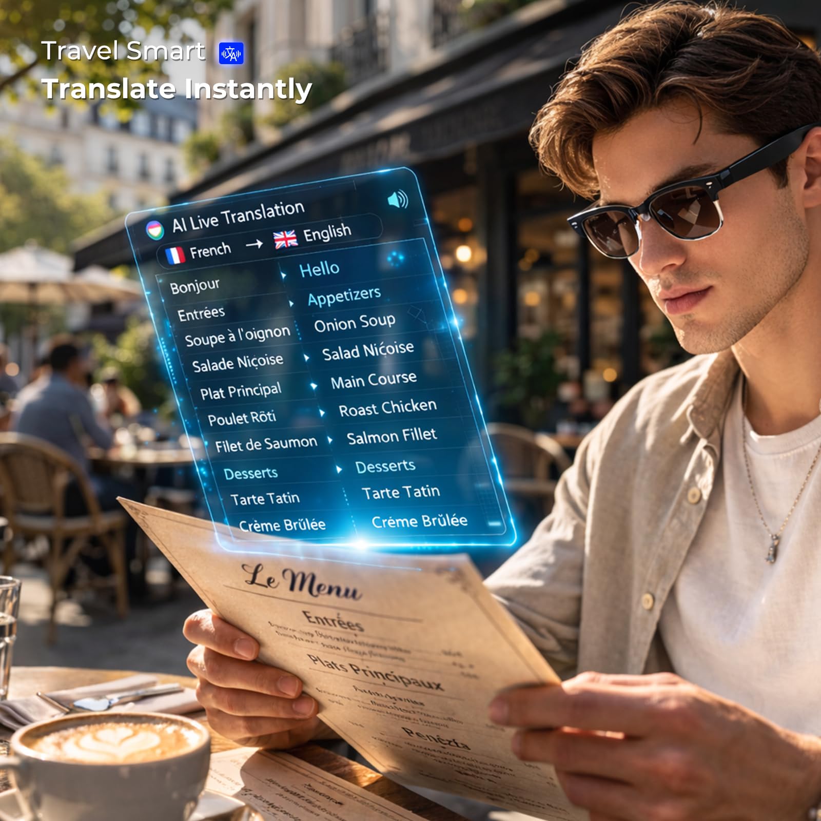 Lunettes Connectées W630 - Caméra Vlog 8MP, Traduction IA en Temps Réel, Appel Bluetooth & Musique, Verres Solaires et Anti-Lumière Bleue Inclus