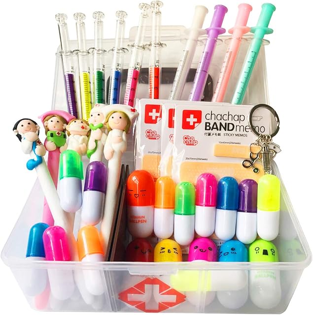 38 Pcs Novelty Stationery Supplies Set for Nurse,Syringe Highlighter Vitamin Pill Ballpoint Pens Metal keychain Cartoon Nurse Ball Pens And 3 Bandage Sticky Notes For Doctor