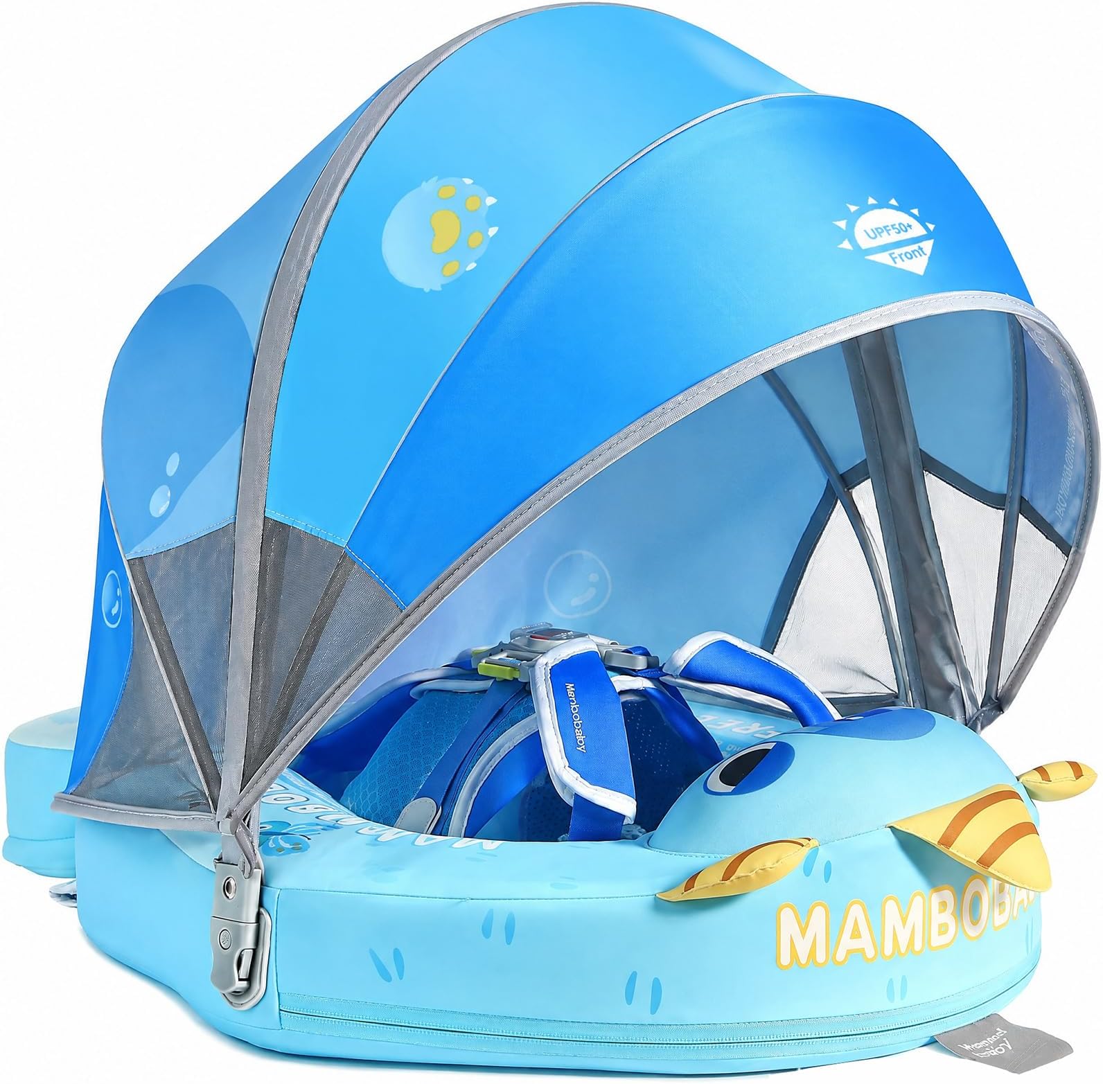Mambobaby Float Add Tail No Flip Over Non-Inflatable Baby Swim Float Pearl Foam Solid Water Floats Smart Swim Trainer Infant Pool Float Swim Ring with Sun Canopy