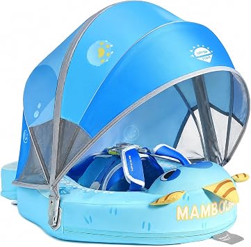 Mambobaby Float Add Tail No Flip Over Non-Inflatable Baby Swim Float Pearl Foam Solid Water Floats Smart Swim Trainer Infant Pool Float Swim Ring with Sun Canopy
