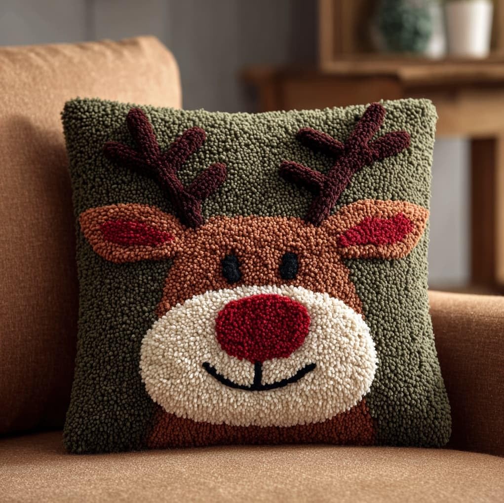WallustrioaW Latch Hook Kits Pillow for Adults,Cartoon Deer,Latch Hook Kit Cushion,Embroidery DIY Needlework Pillow Cover,17x17in