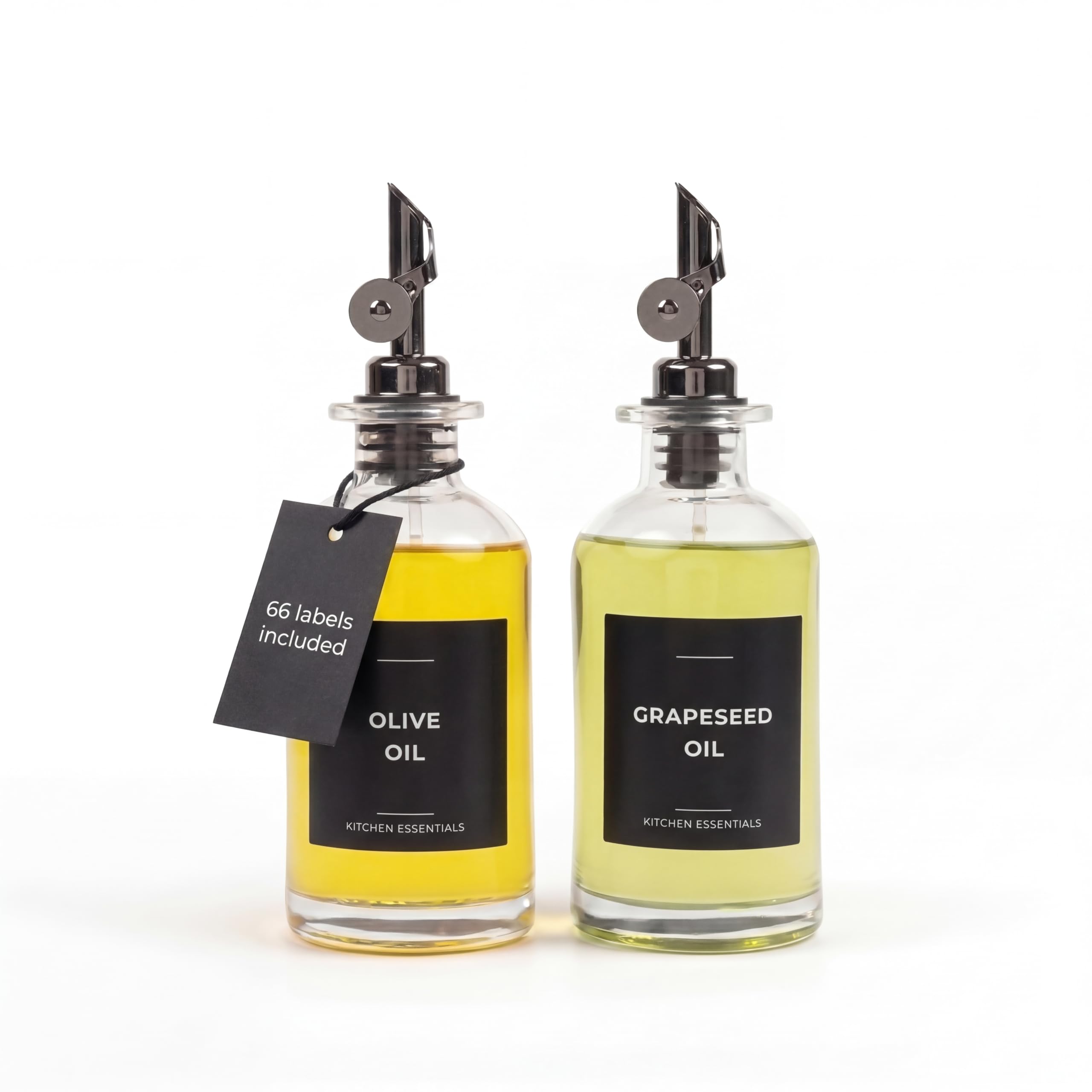 Spaceneat Oil Dispenser for Kitchen - Glass Olive Oil Bottle Set of 2 (11.8oz) with Black Weighted Self-Closing Pourer - Cooking Oil Dispenser with 66 Labels, Aligner & Funnel โ image 1