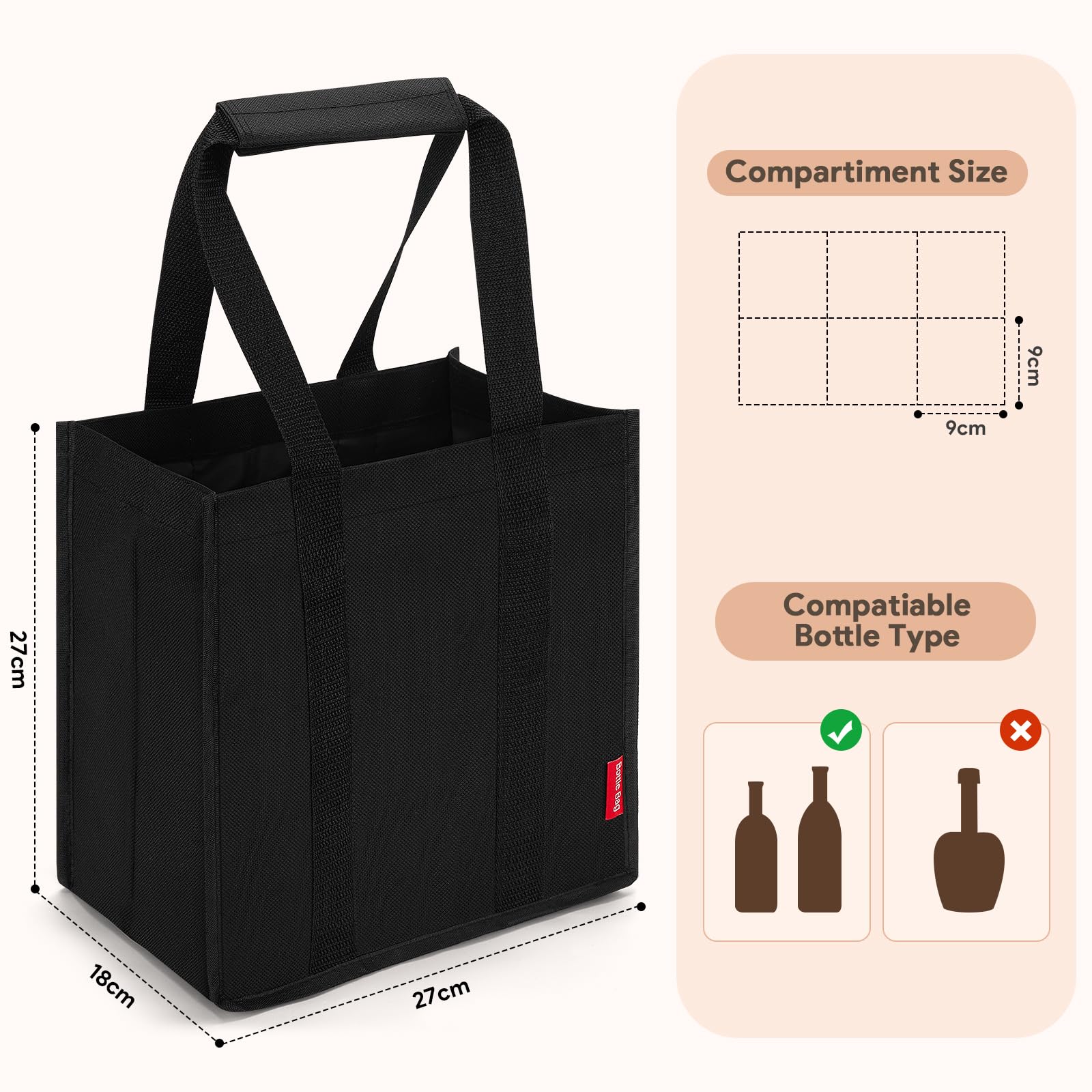 Eurhomewit Borsa Porta Portabottiglie per 6 Bottiglie, Portabottiglie Acqua Borsa Trasporto per Bottiglie Vetro 1,5 litri, Porta Bottiglie di Vino Riutilizzabile - Nero
