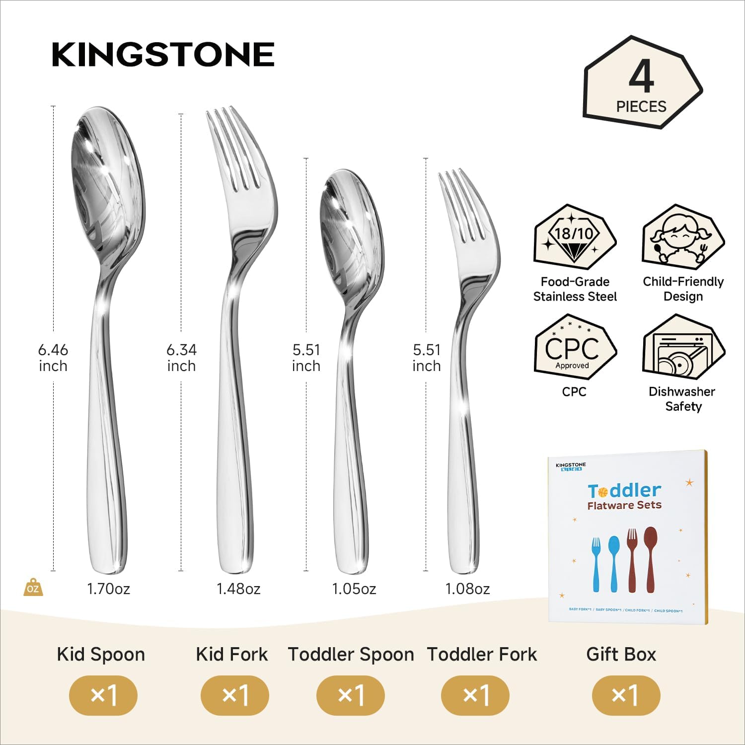 KINGSTONE Toddler & Kids Utensils Set - Large + Small 18/10 Stainless Steel Fork & Spoon, 4-Piece Food-Grade Kids Transition Silverware, Mirror Polished, Dishwasher Safe for Home & School