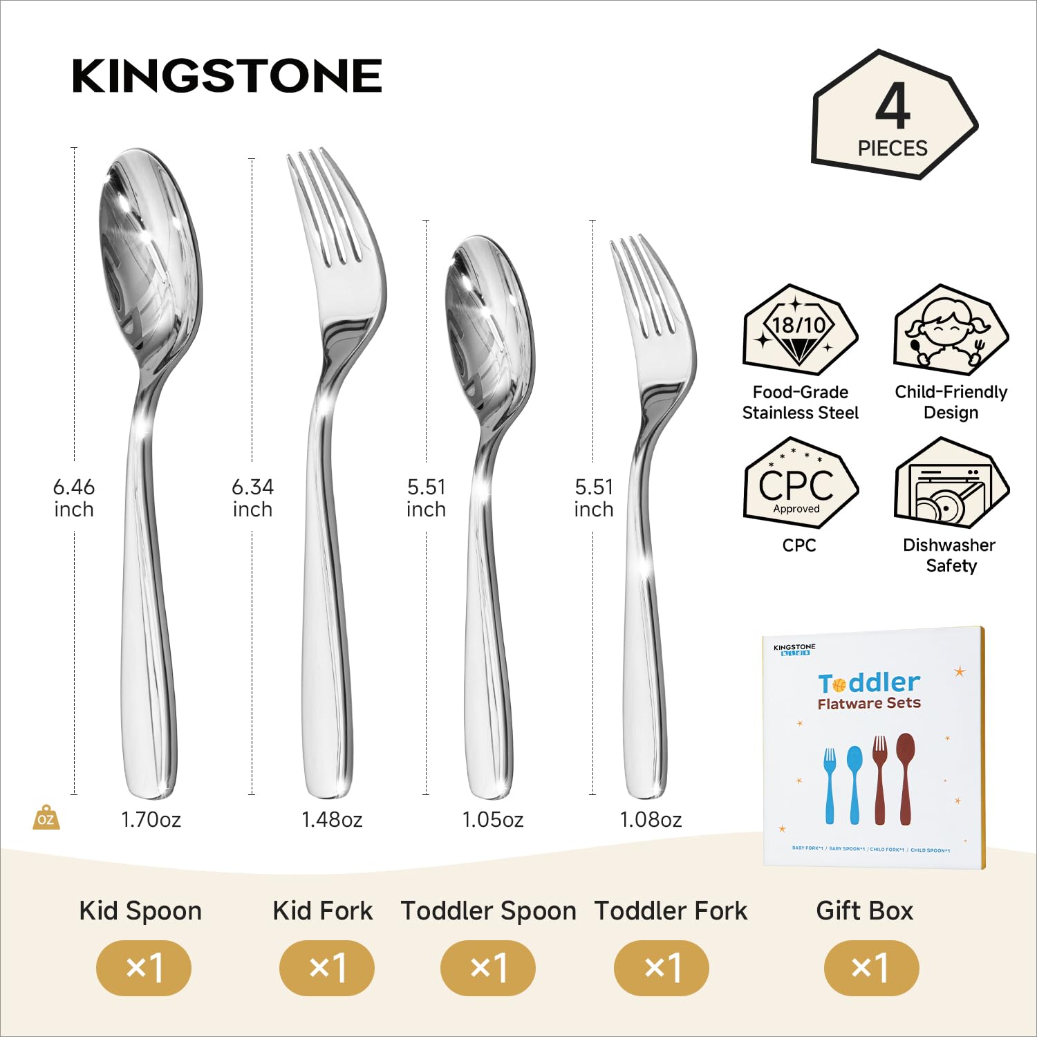 KINGSTONE Lot de 4 ustensiles pour tout-petits, petits et grands, en acier