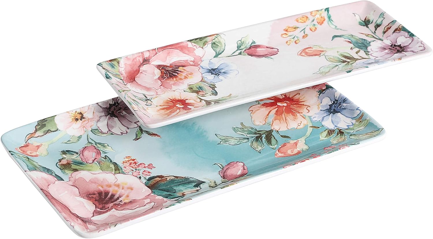 Bico Margret's Garden Ceramic 14 inch Rectangular Serving Platter, Set of 2, for Serving Salad, Pasta, Cheese, Ham, Appetizer, Microwave & Dishwasher Safe