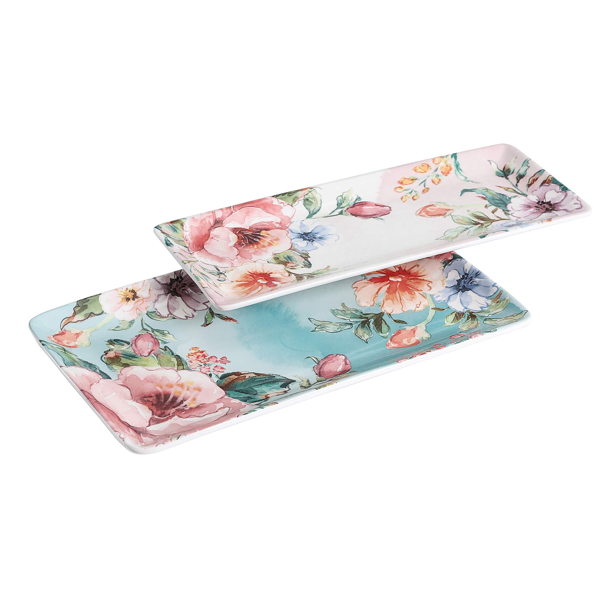 Bico Margret's Garden Ceramic 14 inch Rectangular Serving Platter, Set of 2, for Serving Salad, Pasta, Cheese, Ham, Appetizer, Microwave & Dishwasher Safe