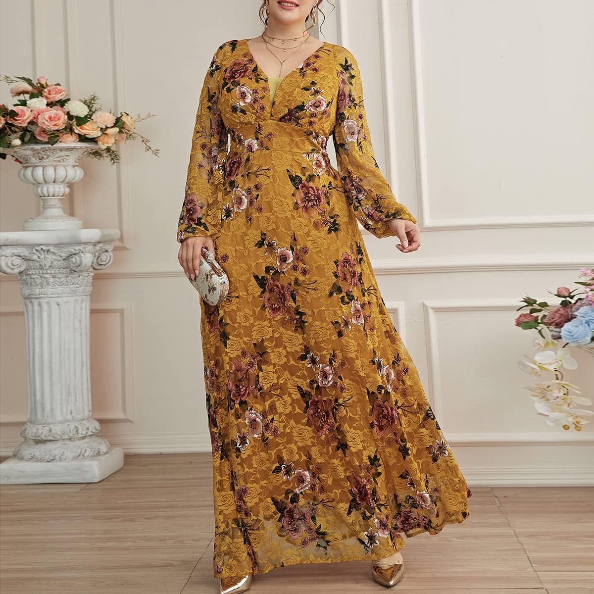 TOLEEN Women's Plus Size Dress V Neck Rose Embroidery Mesh Elegant Formal Maxi Dresses - Image 5