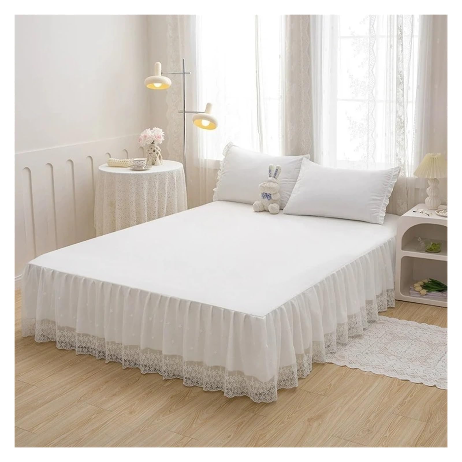 Gonna del letto Copriletto in pizzo con balze, elegante gonna da principessa rosa, design a strato singolo, morbido e delicato sulla pelle per telaio letto(Pink,1PC-180x200cm)