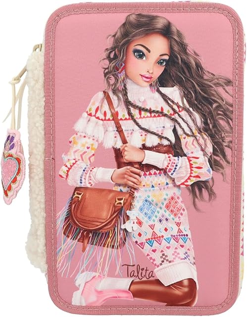 Depesche 12583 TOPModel Cosy - wypełniony 3-komorowy piórnik, motyw modelki z pluszowym futerkiem, piórnik z kolorowymi kredkami, linijką, nożyczkami itp.