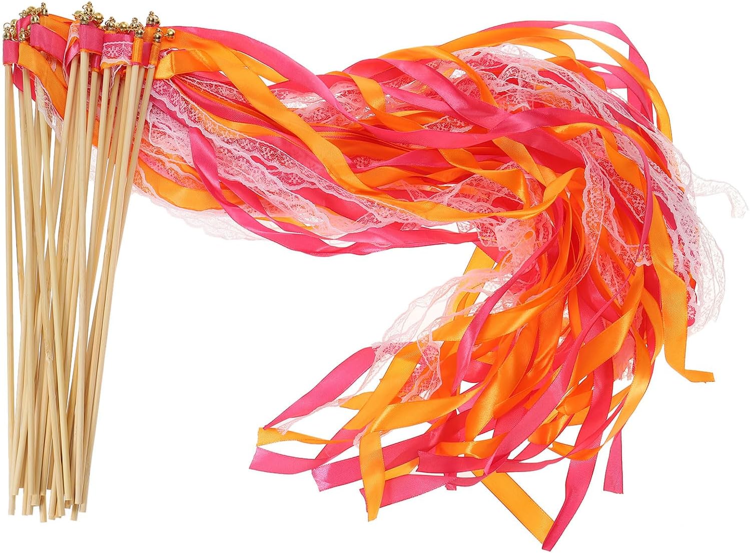 PATIKIL Ribbon Sticks Fairy Wands, 50 Pack Lace Silk Fairy Stick Wand Send Off Streamers for Wedding Party Birthday Holiday Celebration, Fuchsia/Orange