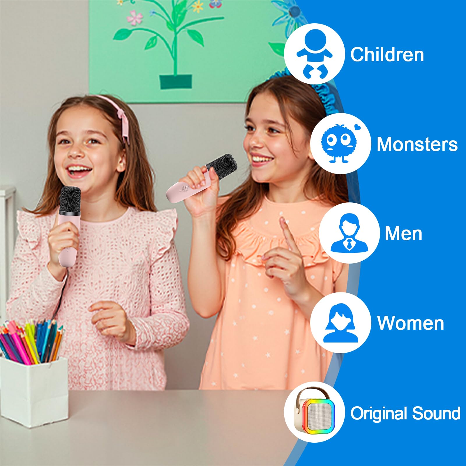 Micro Karaoke per bambini con 2 microfoni senza fili, Bluetooth Karaoke con Luce LED e Effetti di Cambio Voce, Portatile Microfono Macchina Karaoke Regalo per Ragazzi e Ragazze (Rosa)
