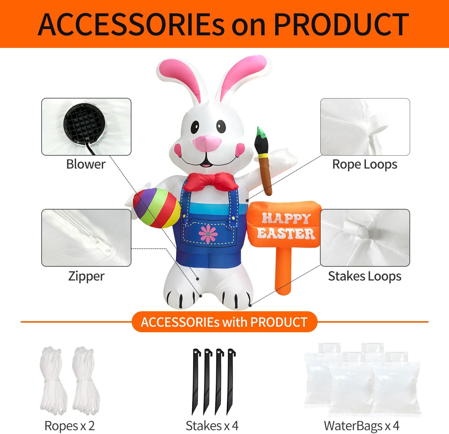 Domkom 8FT Easter Inflatable Decorations Standing Bunny Holding Egg and Paintbrush, Build-in LED Lights Holiday Blow Up Yard Decoration, for Easter Holiday Party, Outdoor,Garden, Yard Lawn Decor