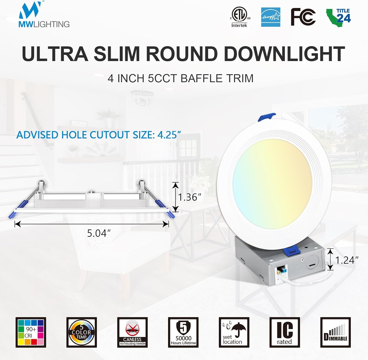 mw 4 Inch 5CCT Ultra-Thin LED Recessed Light with Junction Box,Dimmable 4 Inch Wafer LED Lights, 10W High Brightness Downlight with Baffle Trim, 2700/3000/3500/4000/5000K, Energy Star