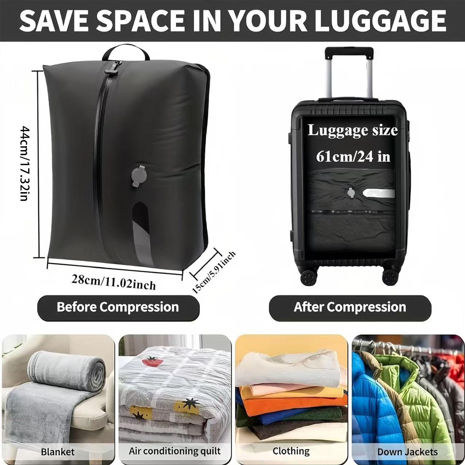 Bolsas de compresión para viajes, bolsas de vacío reutilizables con bomba eléctrica, ahorro de espacio y diseño impermeable para ropa en maletas y mochilas de mano