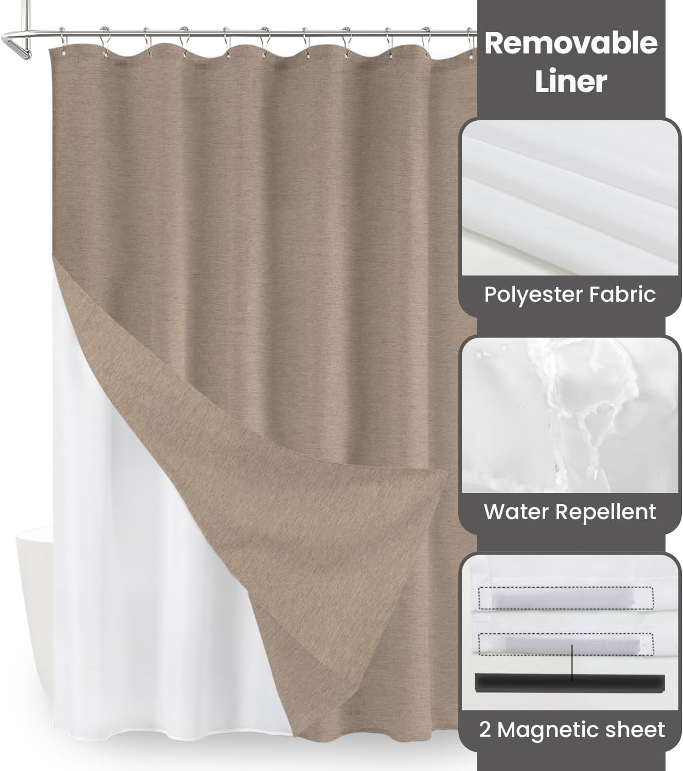 Inhousolu Boho Farmhouse Shower Curtain with Fabric Liner Set, Faux Linen Textured, 14 Metal Hooks Luxury Weighted Hem, Washable Wrinkle Free Bath Curtain for Hotel Bathroom 72" W x 72" L Beige