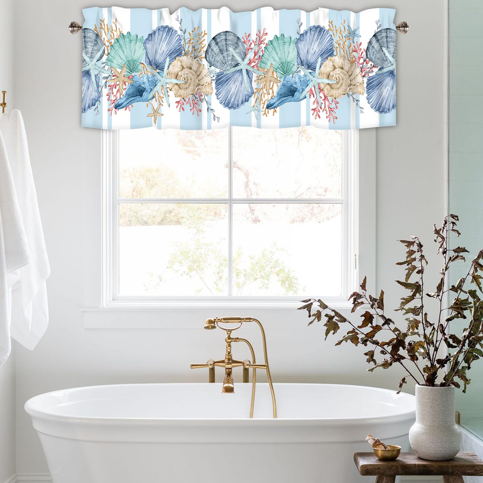 Nautical Coastal Window Valance, Short Rod Pocket Curtain 54x18 in