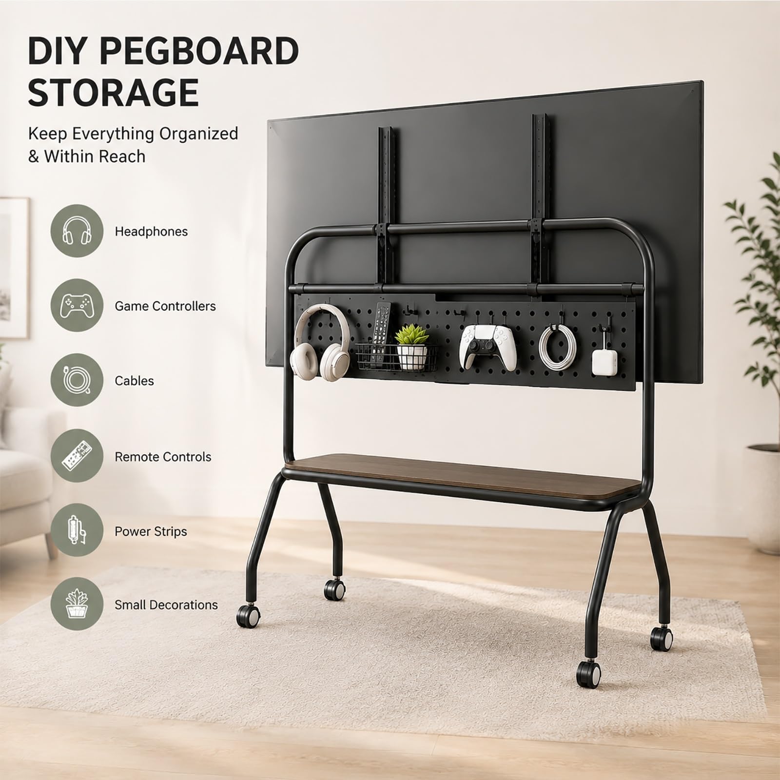 Supporto TV Mobile, Carrello TV Portatile con Ruote | Ruote con Blocco e Mensola Portaoggetti, Organizer Pegboard per Camera da Letto, Soggiorno e Ufficio(White,90cm/35.4in)