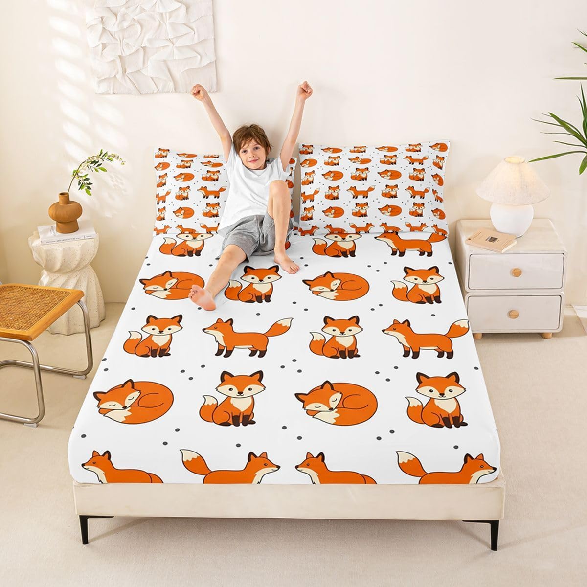 Feelyou Fox Bedding Set Cute Animal Pattern Bed Sheet Set for Kids Boys Girls Woodland Fitted Sheet Full Size Includes 1 Sheets & 2 Pillowcases (No Flat Sheet)