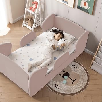 Zumspiel Toddler Floor Bed Frame with Removable Safety Rails and Storage Bag, Kids Bed for Girl and Boys, Standard Crib Size Portable Beds, Safety Upholstered Child Beds, Low to Floor Design