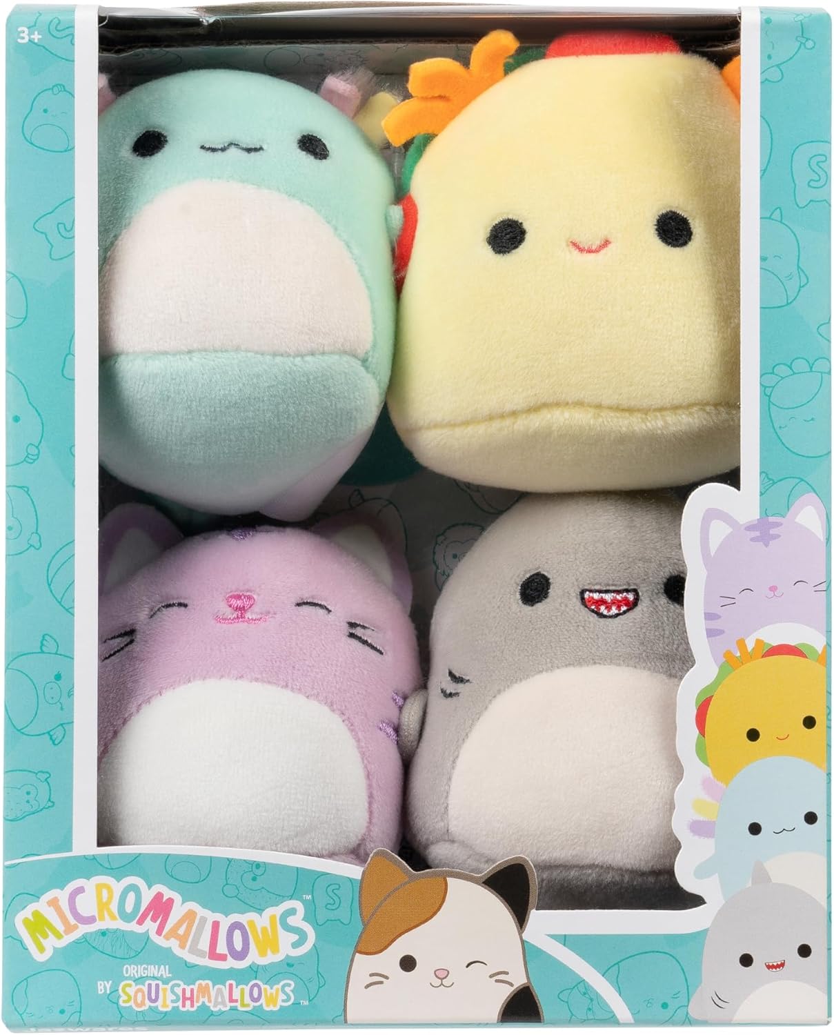 Squishmallows Micromallows 4-Pack Original Irina Axolotl, Tabitha Cat, Tex Taco, Gordon Shark