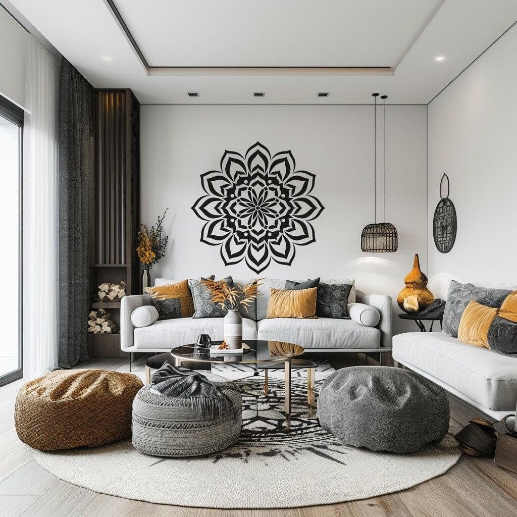 Adhesivo de pared con diseño de mandala para espacios de meditación y yoga, elegante calcomanía de vinilo extraíble para decoración del hogar y estudio, 134 x 134