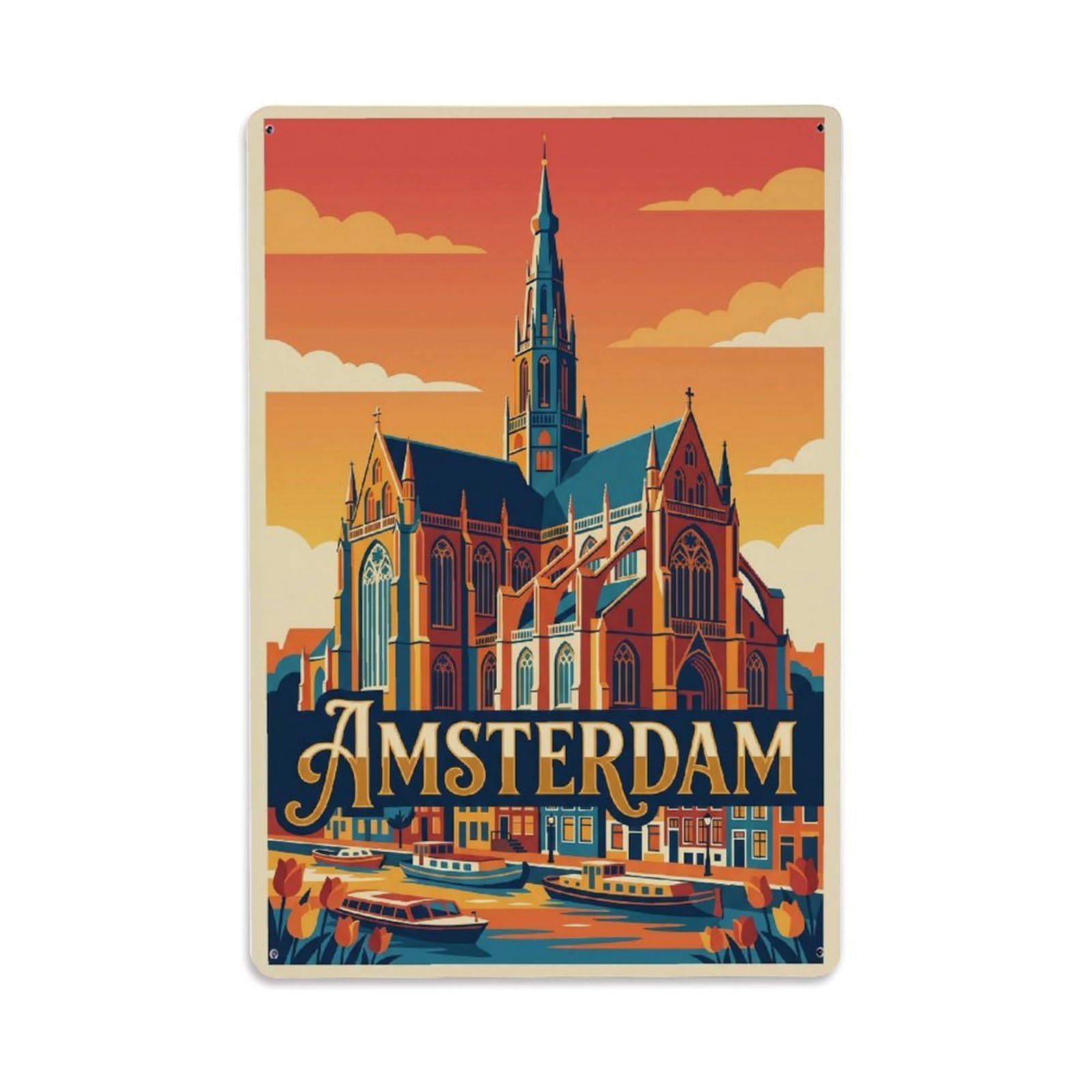 Vintage Travel Church Netherlands Historic Metal Tin Sign Plaque Wall Decor for Cafe, Club Bar, Office, Home Garden Metal Poster 8x12Inch