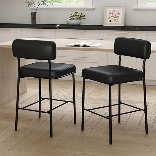 Juego de 2 taburetes de bar de altura de mostrador de 26 pulgadas, taburetes de bar tapizados con respaldo, cuero sintético negro, sillas de altura