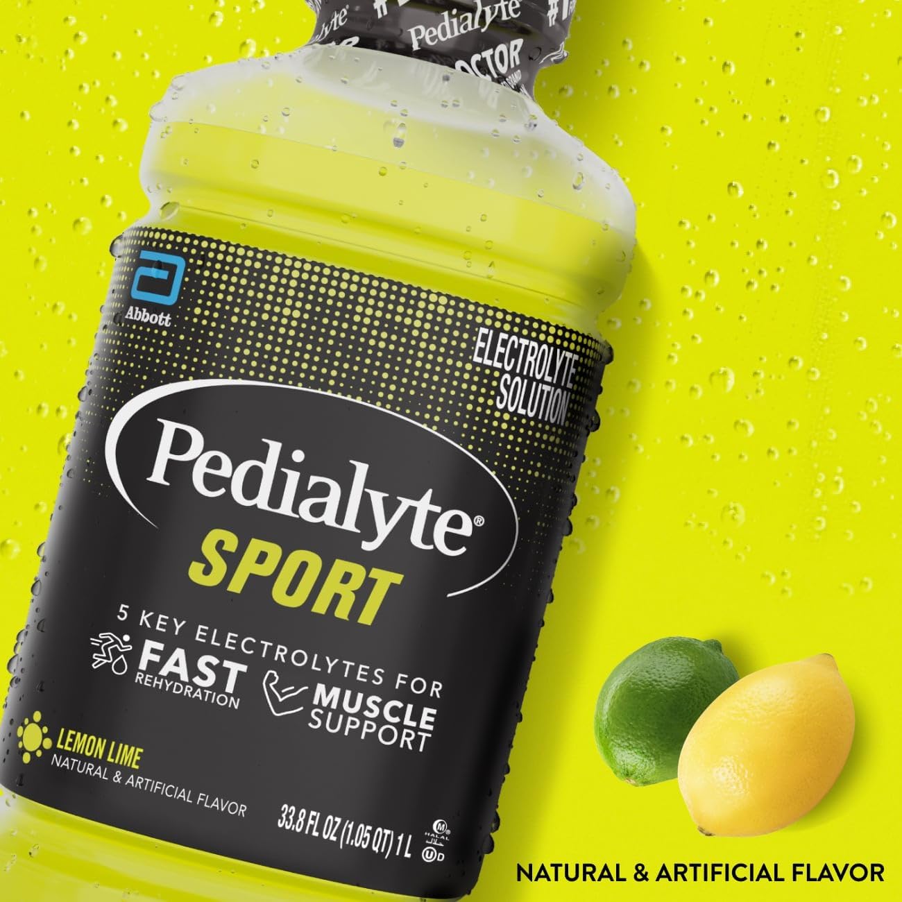 Pedialyte Sport Electrolyte Drink, Fast Hydration with 5 Key Electrolytes for Muscle Support Before, During, & After Exercise, Lemon Lime, 1 Liter, Pack of 4